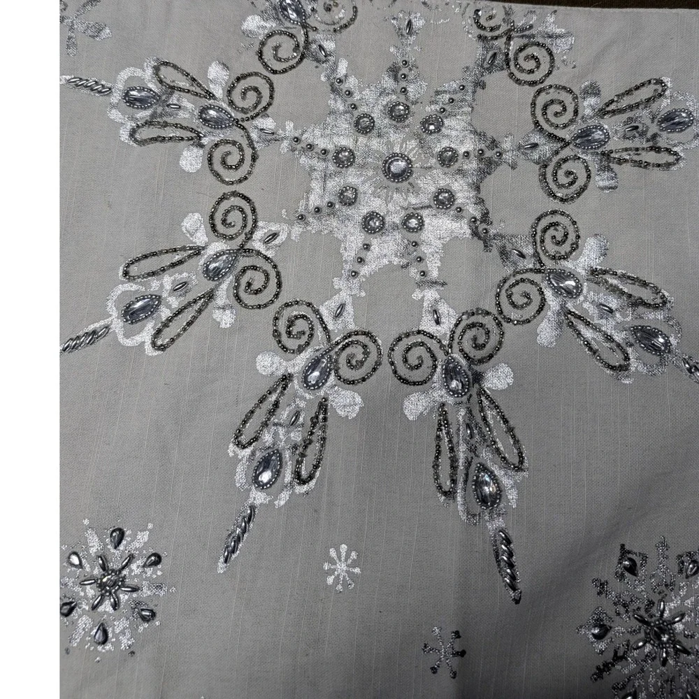 Silver Beaded Snowflake Table Runner Gray Metallic Holiday Winter Decor 72 Inch
